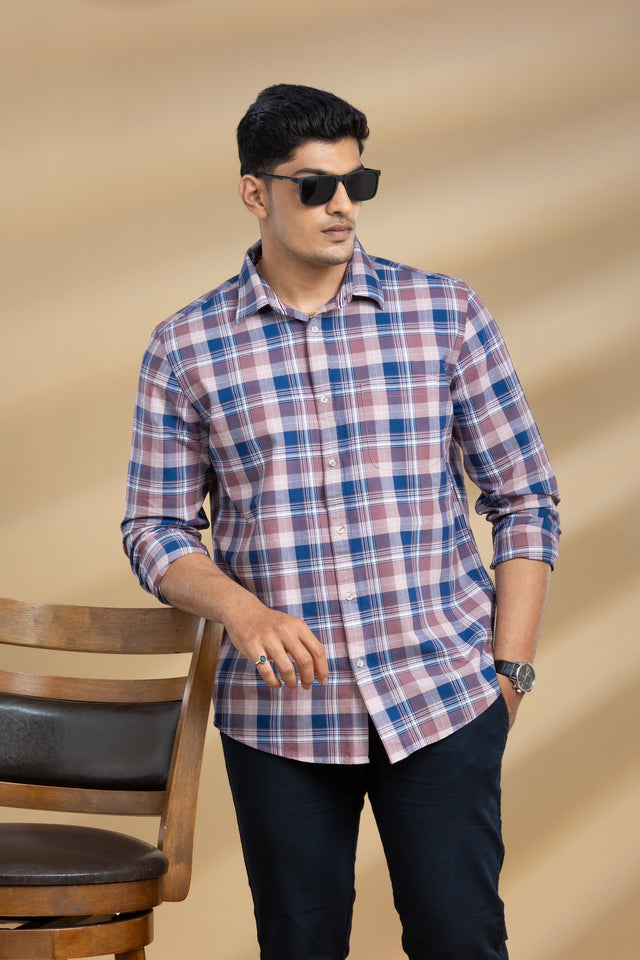 Blue & Peach Checkered Printed Shirt
