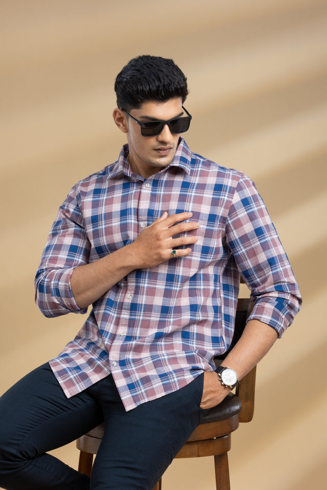 Blue & Peach Checkered Printed Shirt