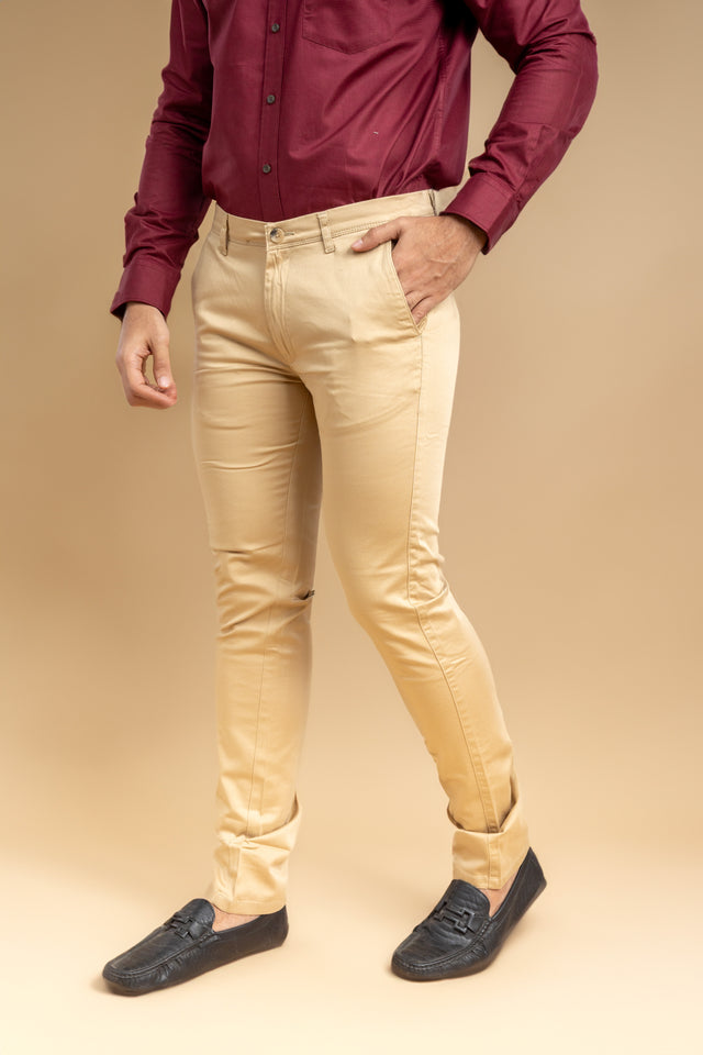 Beige Classic Slim Fit Solid Trousers