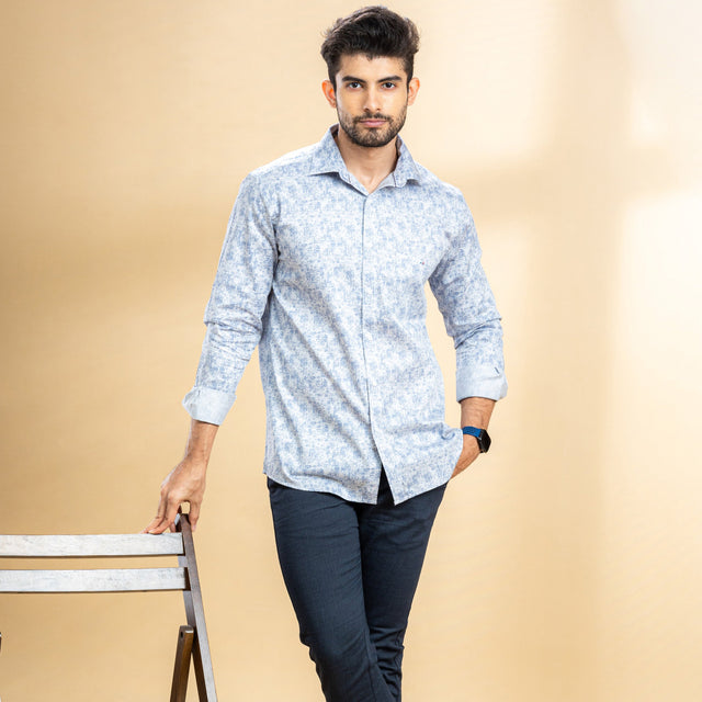Light Blue Floral Self Design Abstract Printed Shirt