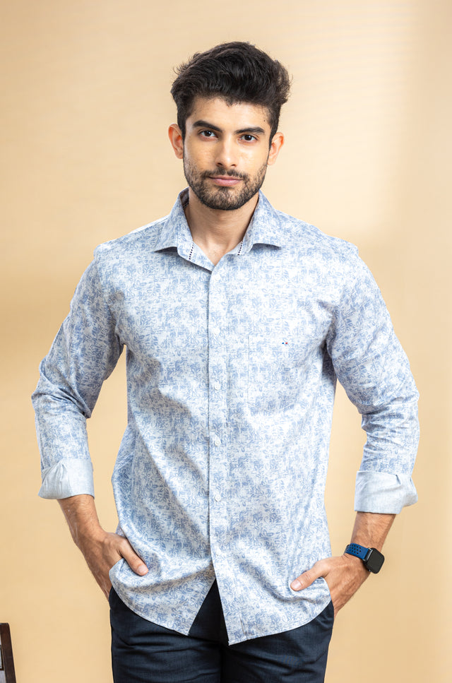 Light Blue Floral Self Design Abstract Printed Shirt