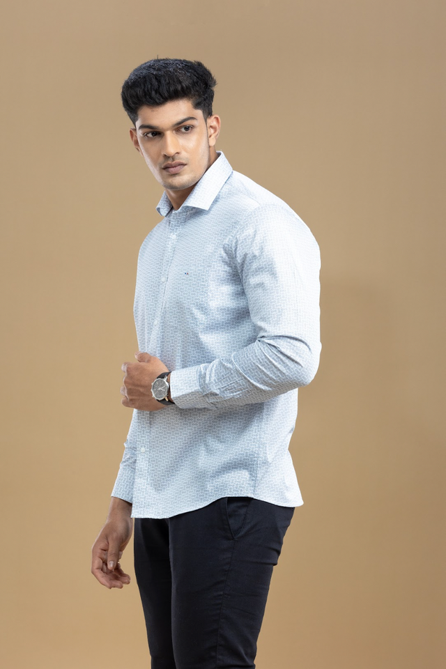 Baby Blue Self Design Abstract Printed Shirt